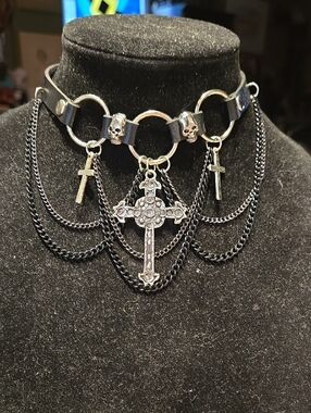 Skull & Cross Layered Black Choker Necklace